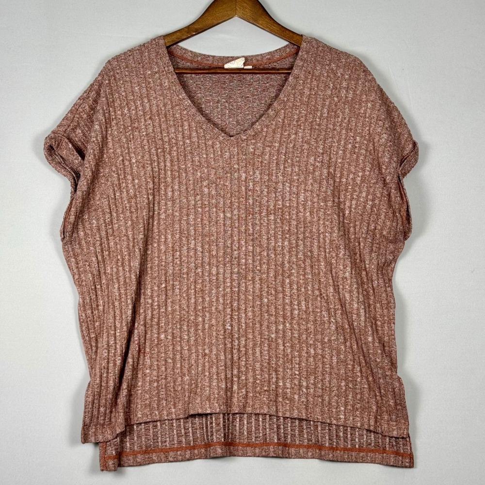 White Crow Ribbed V-Neck Top Women Size S Mauve Pink Excellent Cuffed High-Low